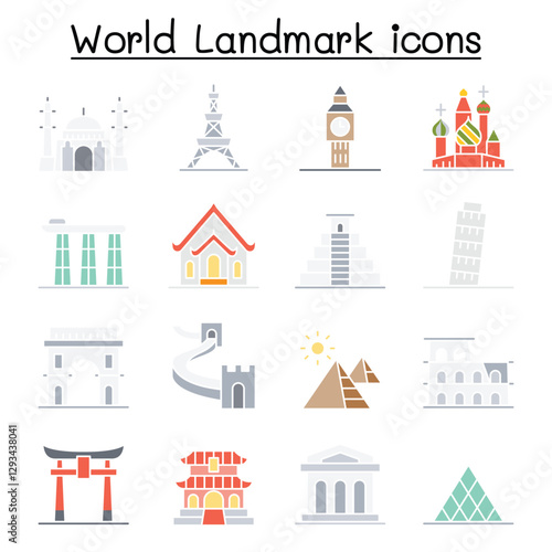 World landmark icon set in thin line style