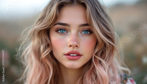 Blond Woman with Pink Highlights: A Serene Portrait