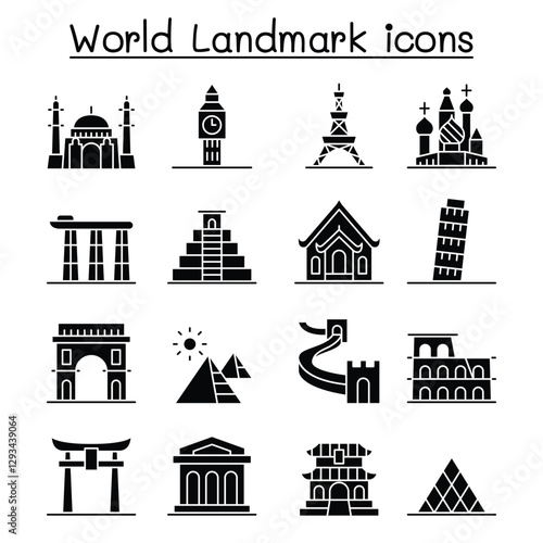 World landmark icon set in thin line style