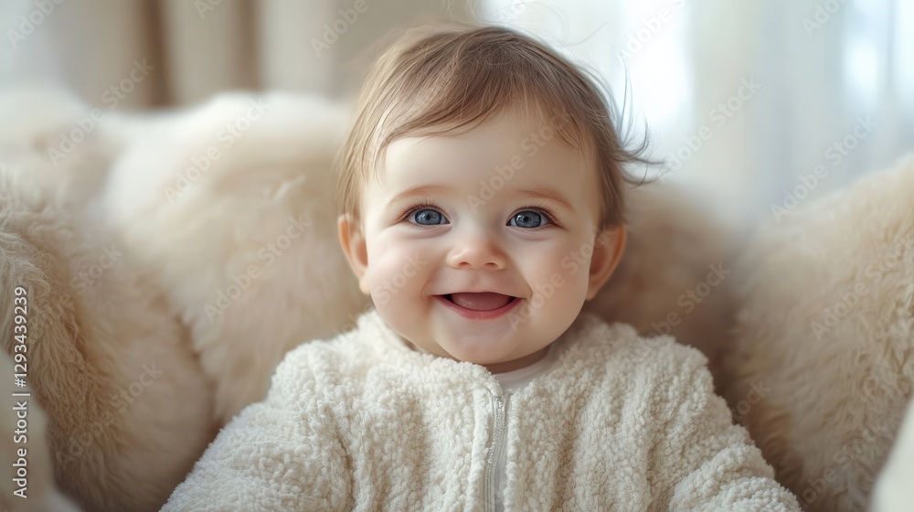 Adorable Smiling Infant Girl With Blue Eyes in Cozy Cream-colored Outfit Sitting amid Soft Textiles at Home, Capturing Joyful Moments of Early Childhood Adorable Smiling Infant Girl With Blue Eyes in Cozy Cream-colored Outfit Sitting amid Soft Textiles at Home, Capturing Joyful Moments of Early Childhood