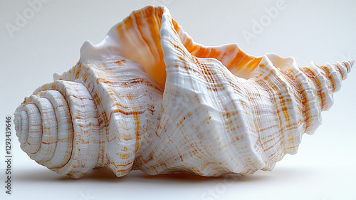 A majestic conch shell, a treasure of the ocean, its swirling spiral and delicate orange hues whispering tales of sun-drenched shores and gentle waves against a clean, bright background.