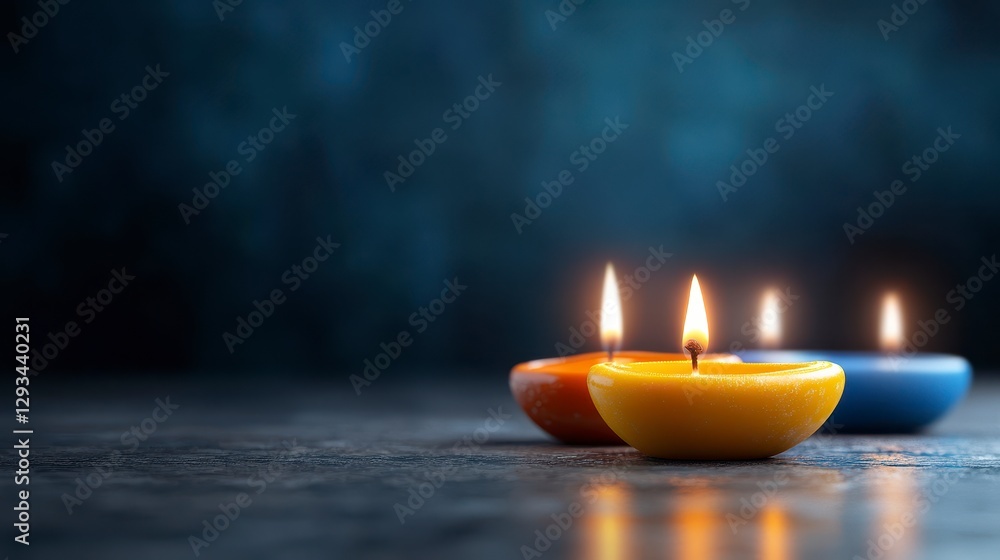Three lit candles in orange, yellow, and blue holders on a dark gray surface with a smoky background. Warm, calm, and contemplative mood Three lit candles in orange, yellow, and blue holders on a dark gray surface with a smoky background. Warm, calm, and contemplative mood