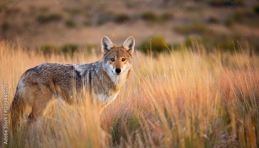 Lone Coyote amidst Tall Prairie Grasses under a Sunlit Sky The Majestic Canis latrans in the American Heartland, Capturing the Wild Spirit of the West