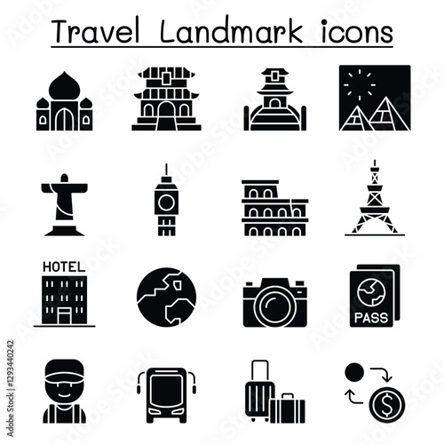 Travel landmark icon set in thin line style