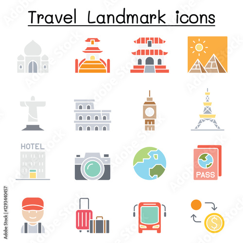 Travel landmark icon set in thin line style