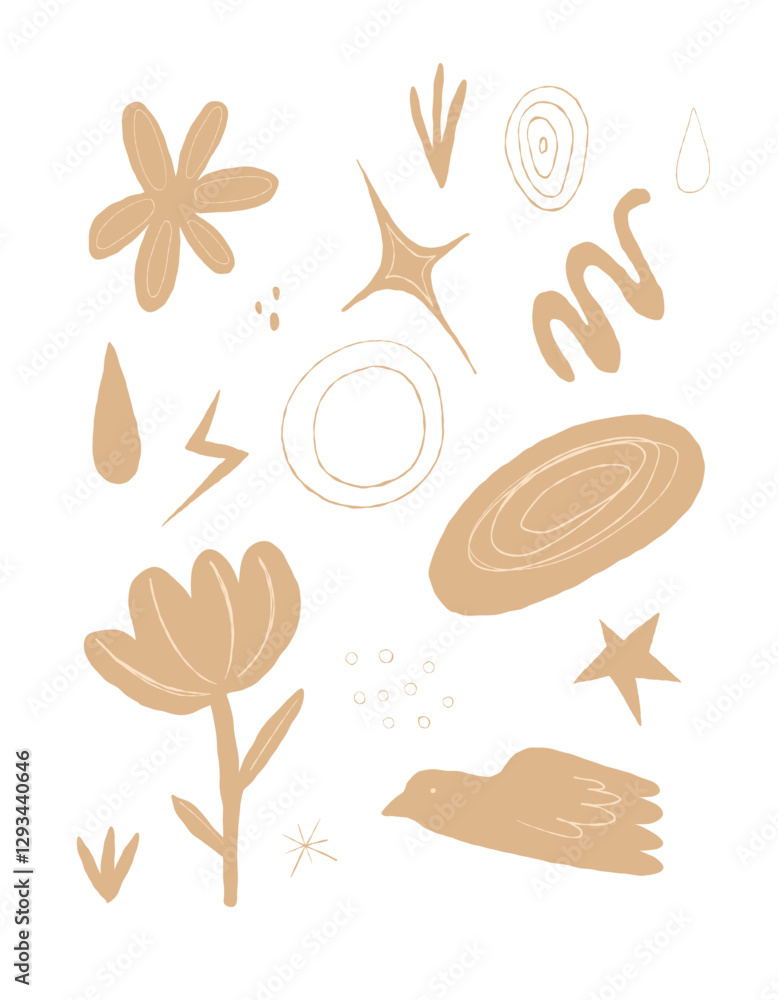 Fototapeta premium Minimalist abstract vector clipart with hand-drawn organic shapes, flowers, stars, and a bird in beige tones. Ideal for branding, prints, stickers, digital design, and creative projects.