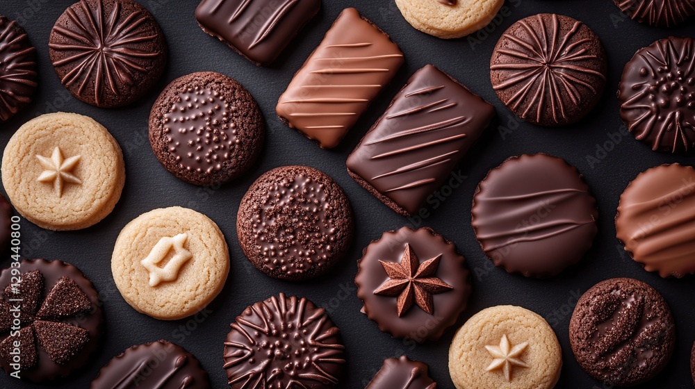 A pattern made of chocolate-dipped Christmas cookies, arranged aesthetically on a dark background for a festive, mouth-watering design A pattern made of chocolate-dipped Christmas cookies, arranged aesthetically on a dark background for a festive, mouth-watering design
