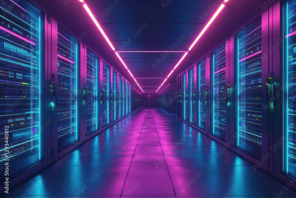 Advanced software systems and storage features highlighted in a neon-lit database center. Advanced software systems and storage features highlighted in a neon-lit database center.