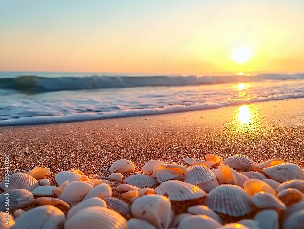 Obraz premium Captivating sunset over sandy beach shells in focus coastal landscape tranquil environment low angle view