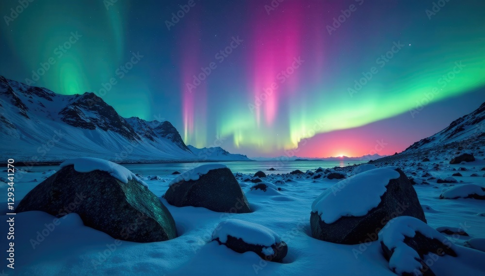 Boulders under the ethereal glow of the Northern Lights, Colorful, Glow, Night Sky Boulders under the ethereal glow of the Northern Lights, Colorful, Glow, Night Sky