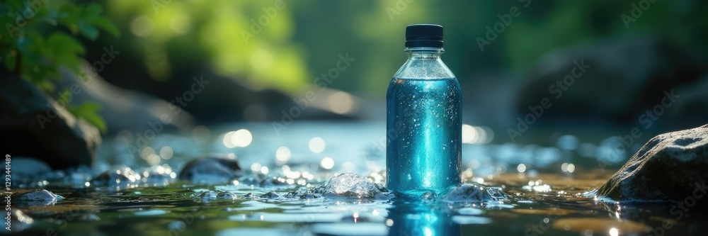 Clear water bottle nestled among falling waters, droplets, calm Clear water bottle nestled among falling waters, droplets, calm