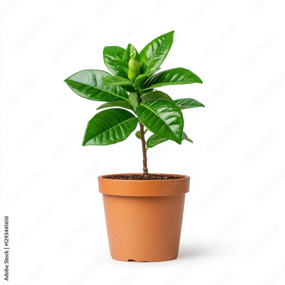 Vibrant green plant with budding flower in a terracotta pot, isolated on a bright white background. Lush foliage and healthy growth showcased Vibrant green plant with budding flower in a terracotta pot, isolated on a bright white background. Lush foliage and healthy growth showcased