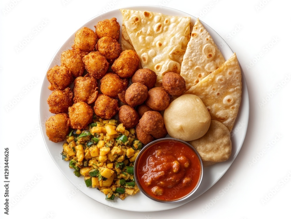 Colorful Indian Cuisine Plate with Breads, Snacks, and Sides Colorful Indian Cuisine Plate with Breads, Snacks, and Sides