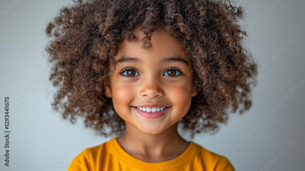 A radiant young girl with a dazzling smile and a crown of beautiful curls against a soft, neutral background. A radiant young girl with a dazzling smile and a crown of beautiful curls against a soft, neutral background.