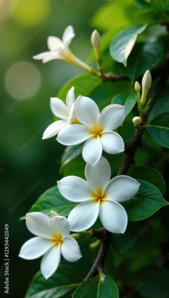 Fragrant white flowers blooming on a climbing vine, gardenia, white Fragrant white flowers blooming on a climbing vine, gardenia, white