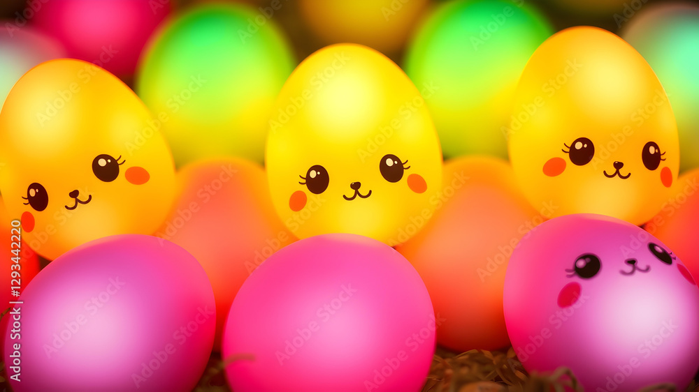 Cheerful pastel gradient colored glowing shiny egg design decorations with cute sweet smiling faces soft pink cotton background perfect for celebrating love joy during spring and easter festivities Cheerful pastel gradient colored glowing shiny egg design decorations with cute sweet smiling faces soft pink cotton background perfect for celebrating love joy during spring and easter festivities