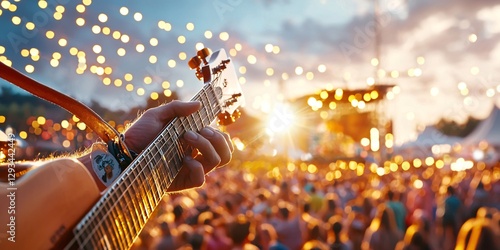 summer concerts concept. Guitar Player at Sunset Music Festival Celebration