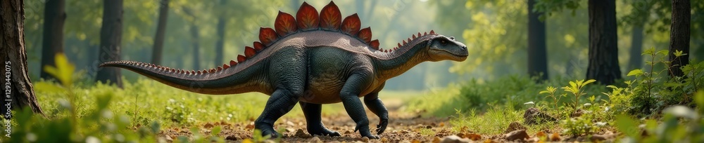 Fototapeta premium Prehistoric Stegosaurus with a long neck and plates on its back, wilderness, stegosaurus