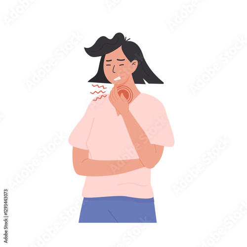 Sick young woman suffering from throat pain and holding her neck with discomfort. Unwell person with a cold and sore throat coughing. Flat Style Vector Illustration isolated on white background.