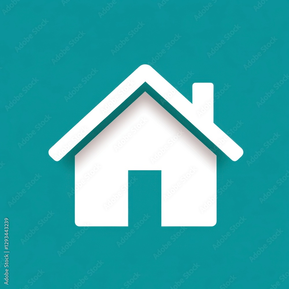 Simple white house icon on teal background, minimalist design, digital illustration, home symbol Simple white house icon on teal background, minimalist design, digital illustration, home symbol