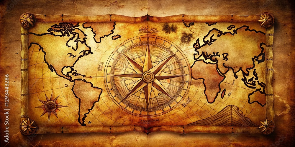 Fototapeta premium Vintage Nautical Treasure Map Background - Aged Paper Texture, Compass Rose, Pirate Symbols