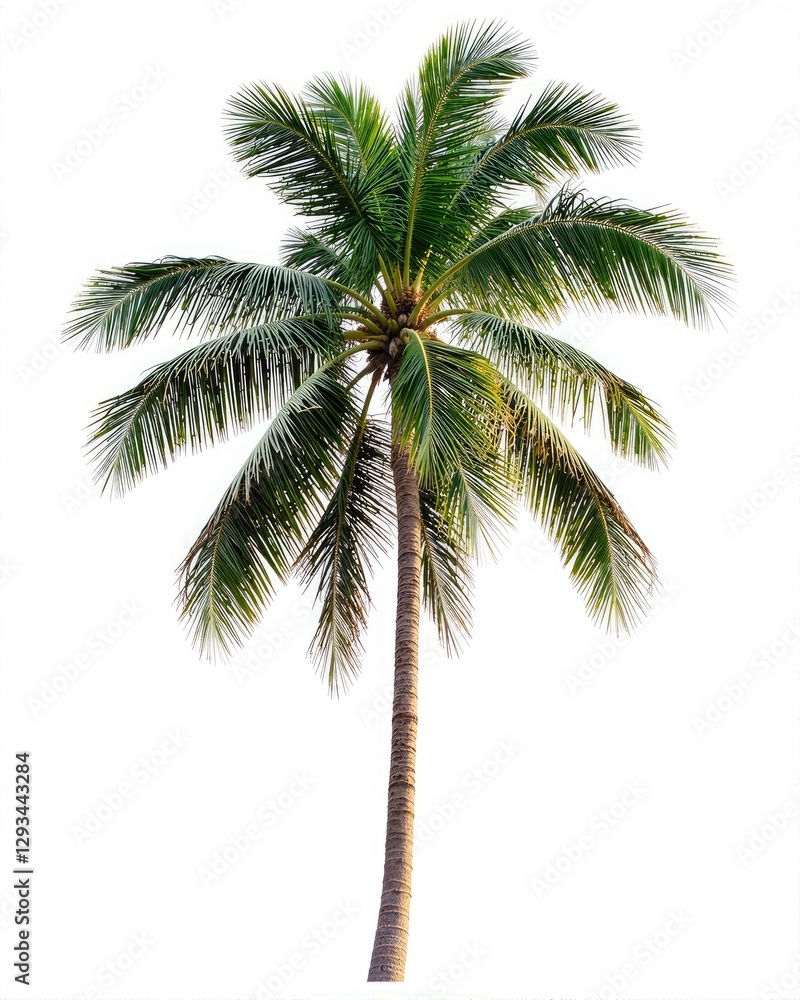 Obraz premium Single coconut palm tree isolated on white background. High-resolution image ideal for various design projects.