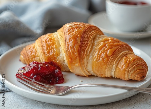 Close-up of a golden, flaky croissant with berry jam on a white plate. photo