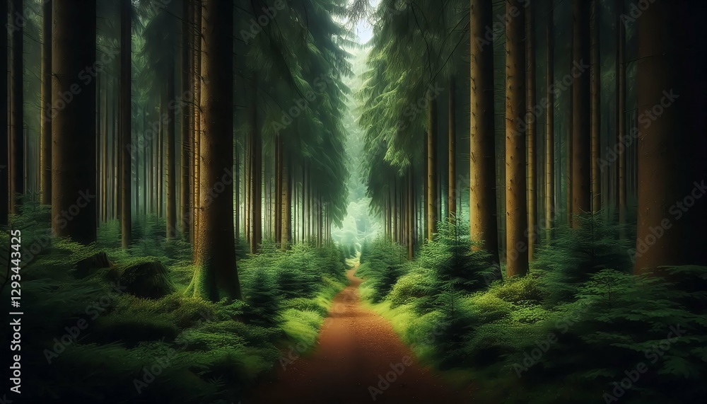 Naklejka premium Enchanting Forest Pathway – Tranquil Nature Landscape, Green Wilderness, and Serene Woodland Scene.