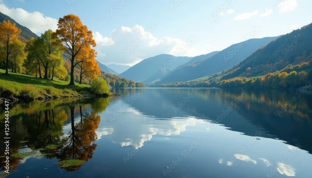 Naklejka premium Serene landscape of Lough Tay with trees reflected in water, peaceful, lake