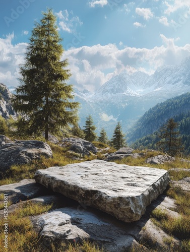 Tranquil Mountain Landscape with Rocks and Green Trees under Sky