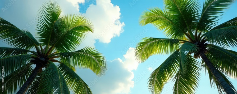 Soft green leaves rustle gently on coconut tree branches, clouds, tropical atmosphere