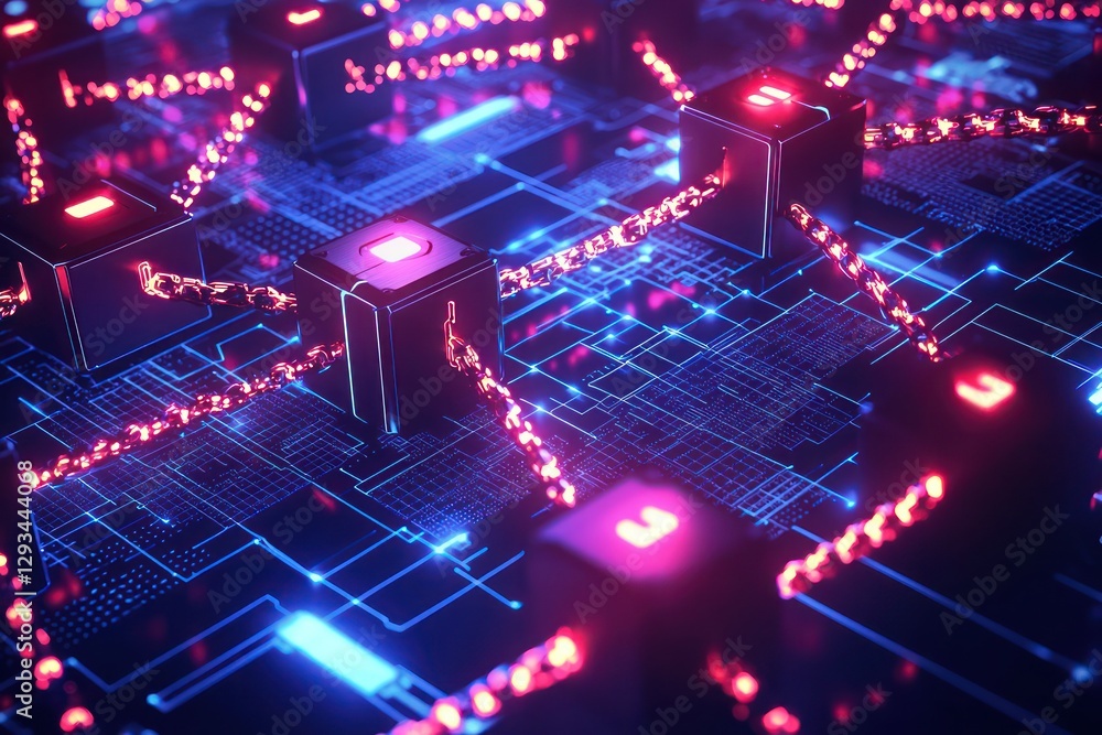 Secure glowing digital chains dynamically connect data blocks on a blockchain network. Secure glowing digital chains dynamically connect data blocks on a blockchain network.