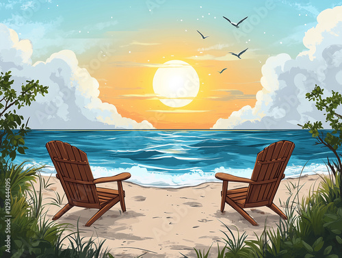 Cartoon vacation escape, fun beachside day at the ocean.