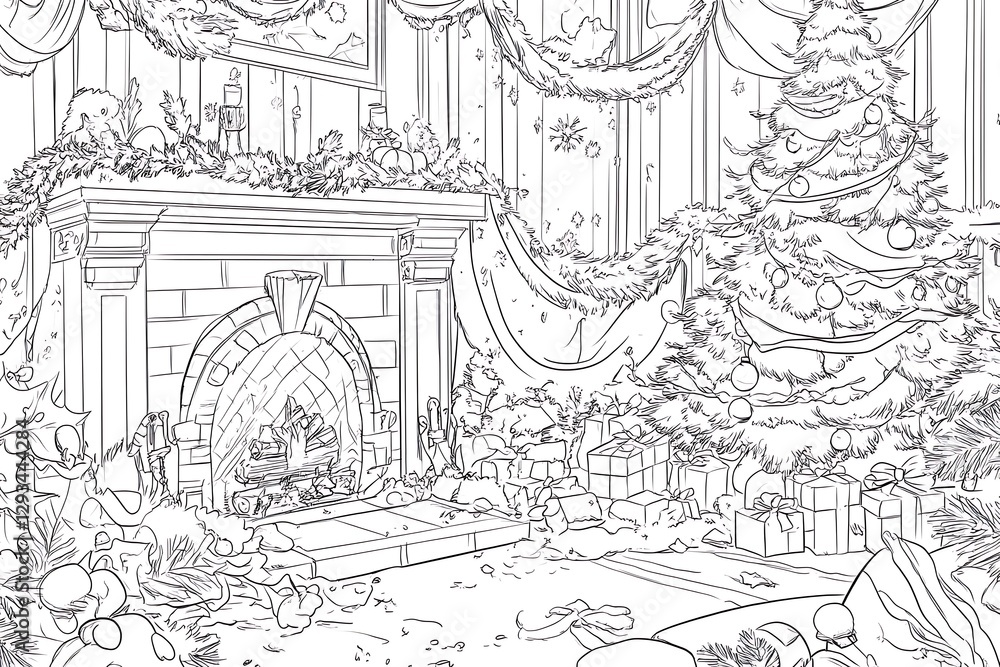 Naklejka premium Festive Fireplace Room Sketch