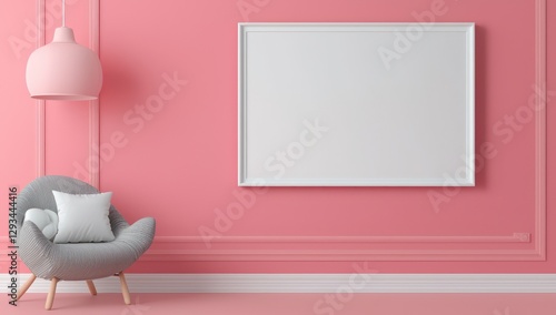 Scandinavian childA's room, pink walls with an empty white frame. photo