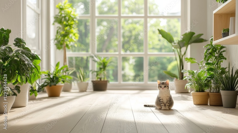 Bright Scandinavian-style room with minimalistic and clean design. The room features light wooden floors, white walls, and an abundance of natural light streaming through large windows. Several lush Bright Scandinavian-style room with minimalistic and clean design. The room features light wooden floors, white walls, and an abundance of natural light streaming through large windows. Several lush