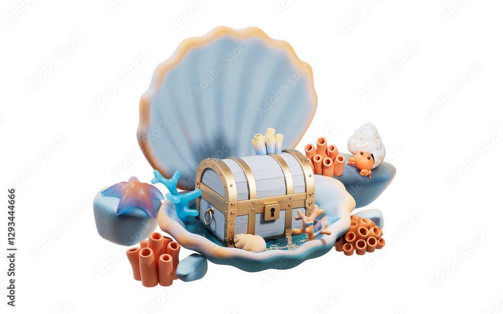 Naklejka premium Treasure box underwater with cartoon style, 3d rendering.