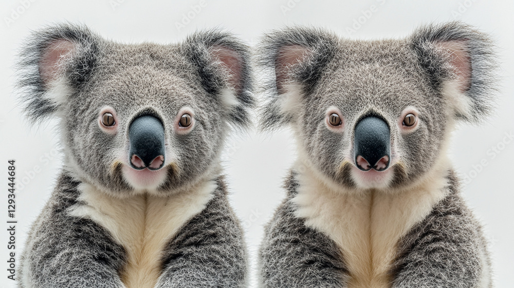 Obraz premium Two adorable koala bears gazing directly at the camera, their soft fur and curious eyes creating a heartwarming and captivating image against a bright white background.