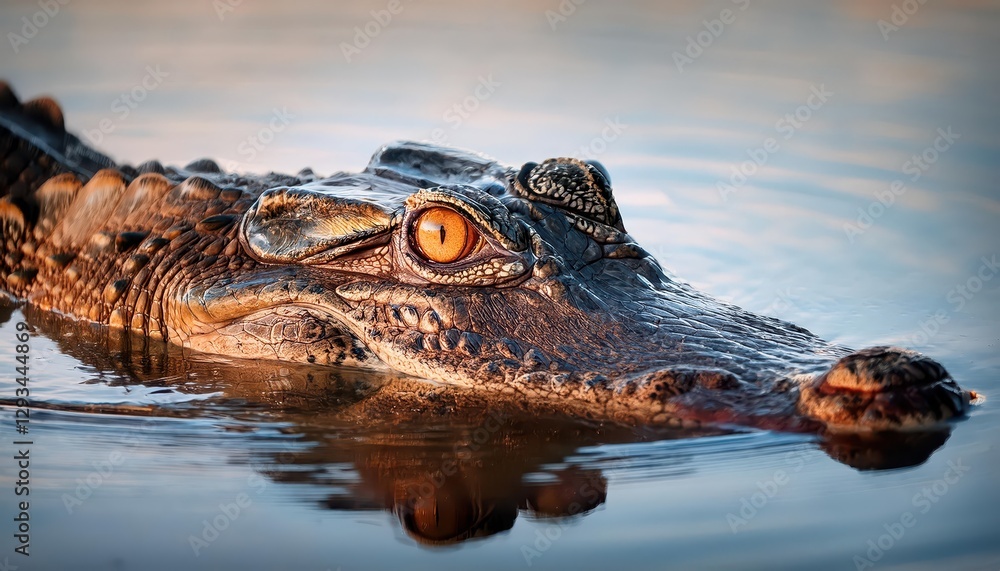 Crocodile Head and Gaze in Serene Kakadu Waters Northern Territory, Australia Majestic Creature Basking in the Sunlit Surface, Reflecting a Mesmerizing Display of Natures AweInspiring Power. Crocodile Head and Gaze in Serene Kakadu Waters Northern Territory, Australia Majestic Creature Basking in the Sunlit Surface, Reflecting a Mesmerizing Display of Natures AweInspiring Power.