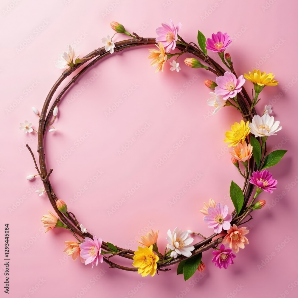 Twisted willow branches intertwined with colorful flowers on pink Easter background, pink, spring Twisted willow branches intertwined with colorful flowers on pink Easter background, pink, spring