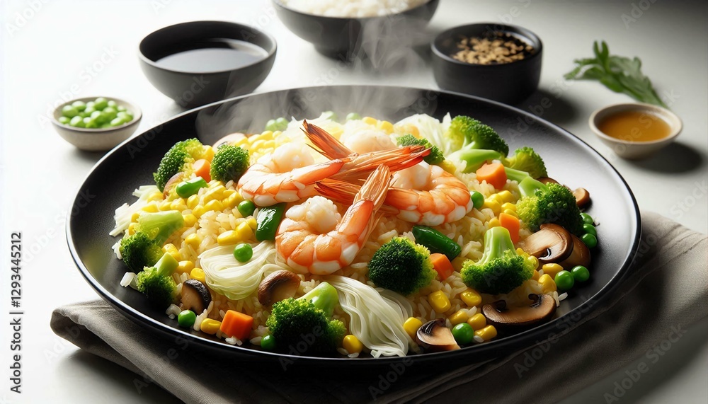 Colorful Egg Fried Rice with Prawns, Veggies, and Shiitake Mushrooms. Colorful Egg Fried Rice with Prawns, Veggies, and Shiitake Mushrooms.