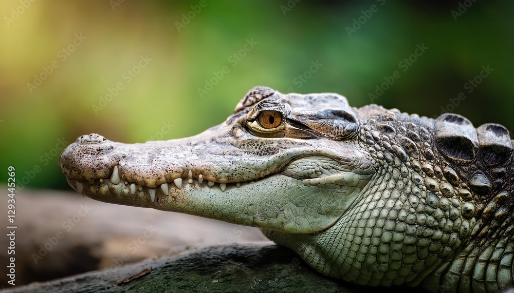 Obraz premium Crocodile Basking in the Sun Majestic Reptile Overlooking a Lush Wetland at Dawn, with Rich Textures and Vibrant Greens Prevailing, Capturing the Serene Beauty of a Remote Wildlife Haven.