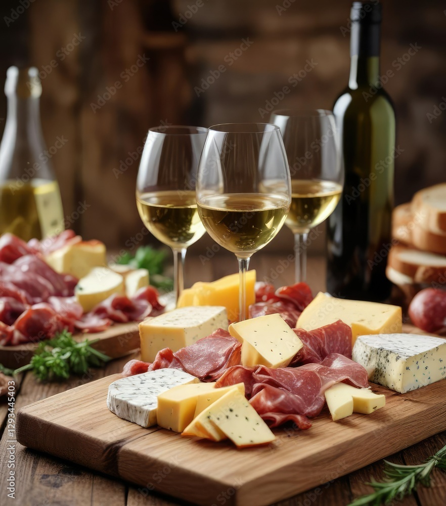 Variety of cheeses and cured meats with a glass of white wine on rustic wooden board, taste buds, foodie, elegant spread, appetizer platter, culinary excellence Variety of cheeses and cured meats with a glass of white wine on rustic wooden board, taste buds, foodie, elegant spread, appetizer platter, culinary excellence
