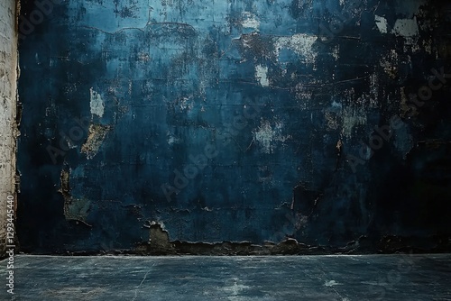 Aged Blue Textured Wall with Cracks and Peeling Paint in Abandoned Room with Concrete Floor, Capturing a Moody Atmosphere in a Derelict Space photo