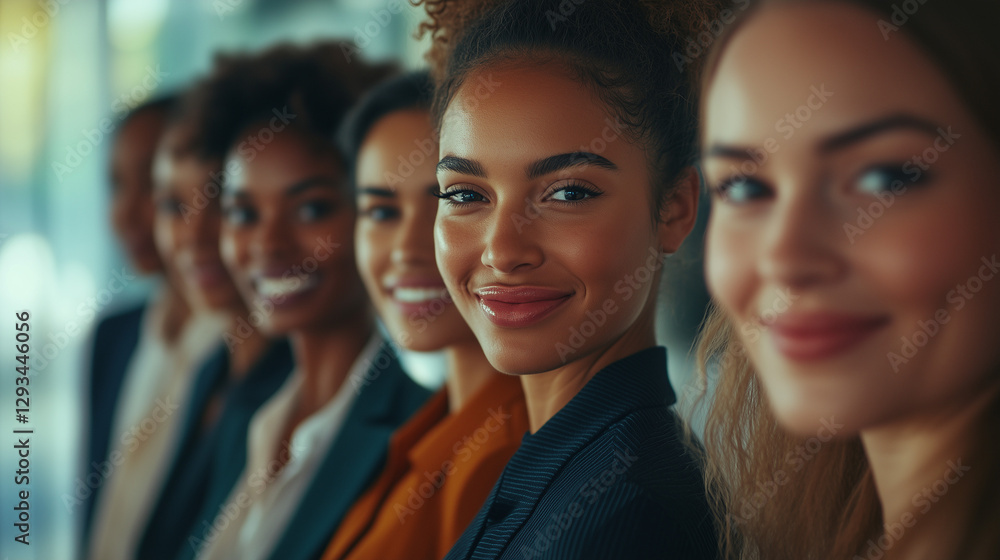 Close-up portrait of smiling women from different ethnicities standing side by side in an office setting, looking at the camera with determination and confidence. The image highlights diversity Close-up portrait of smiling women from different ethnicities standing side by side in an office setting, looking at the camera with determination and confidence. The image highlights diversity