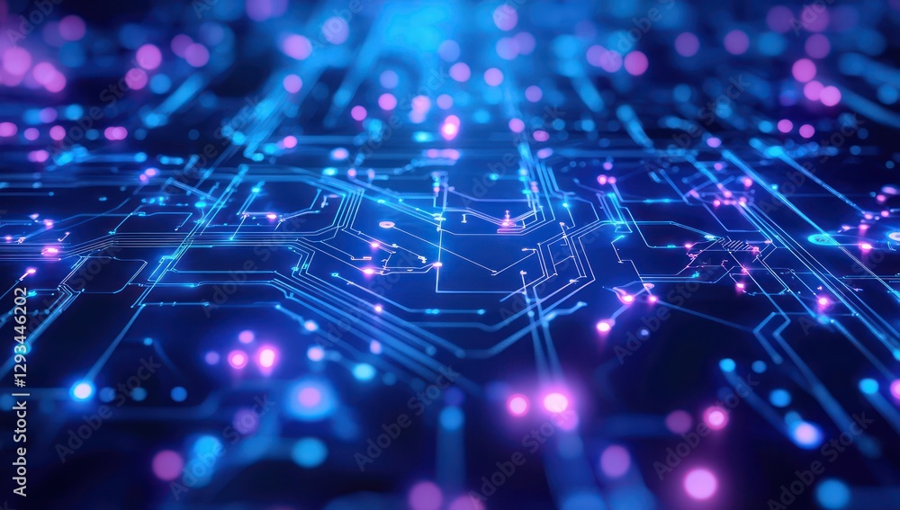 Modern technology's complexity emphasized through a circuit board visual in blue and purple hues. Modern technology's complexity emphasized through a circuit board visual in blue and purple hues.