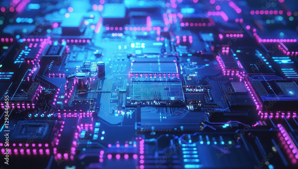 Circuit board visual in blue and purple, showcasing the complexity of contemporary technology. Circuit board visual in blue and purple, showcasing the complexity of contemporary technology.