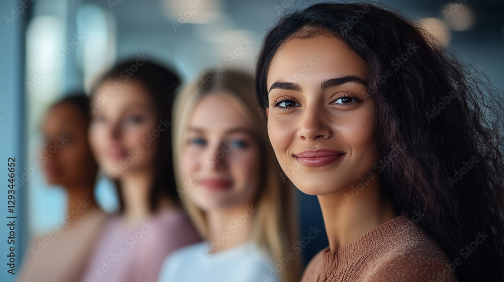Close-up portrait of smiling women from different ethnicities standing side by side in an office setting, looking at the camera with determination and confidence. The image highlights diversity Close-up portrait of smiling women from different ethnicities standing side by side in an office setting, looking at the camera with determination and confidence. The image highlights diversity