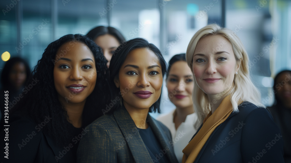 Obraz premium Close-up portrait of smiling women from different ethnicities standing side by side in an office setting, looking at the camera with determination and confidence. The image highlights diversity