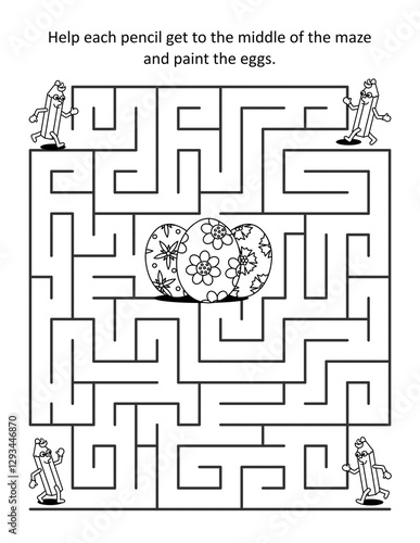 Easter maze game and coloring activity page for kids: Help each pencil get to the middle and paint the eggs!
